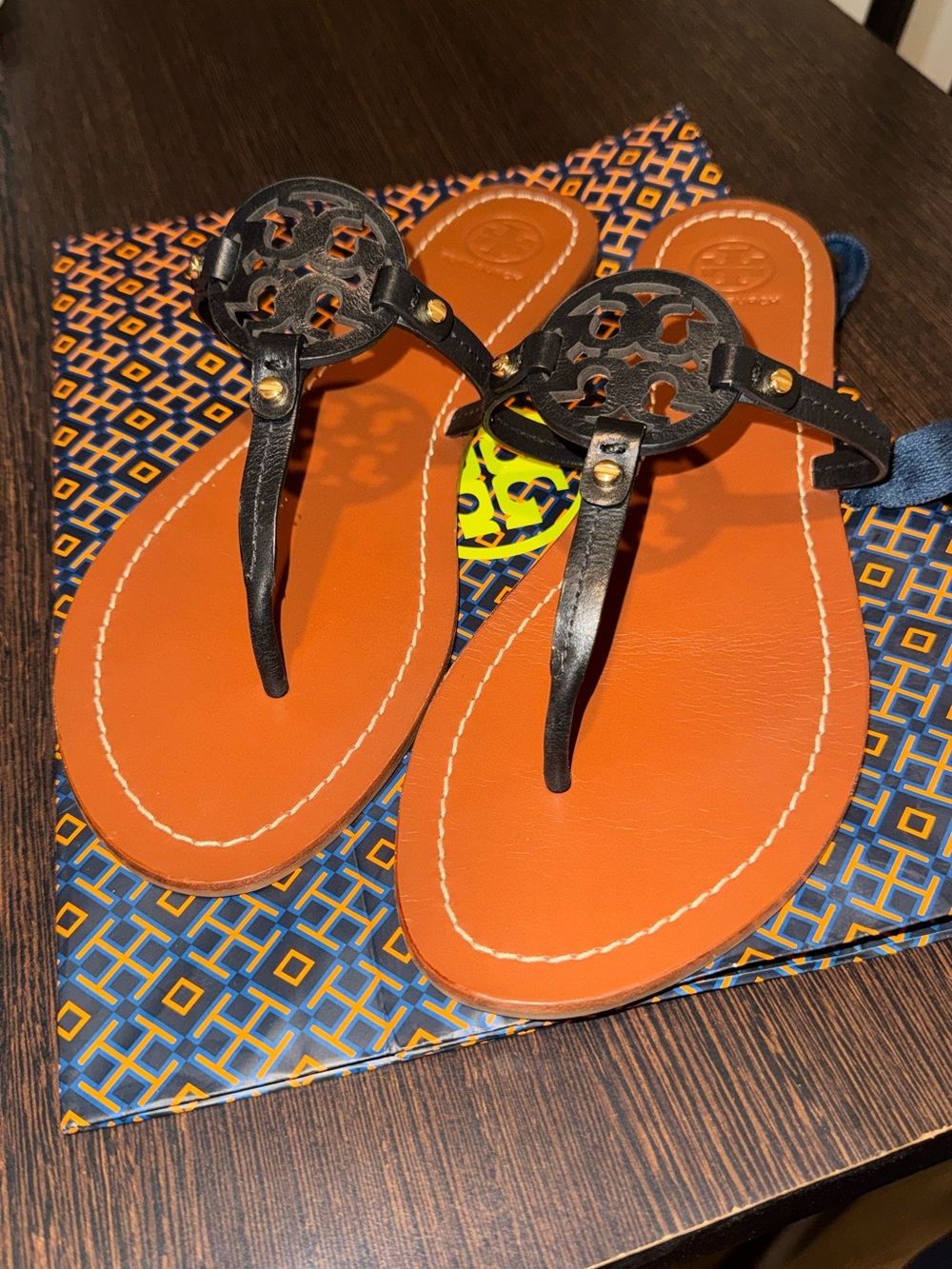 Tory Burch Black Logo Thong Sandals with Orange Footbed